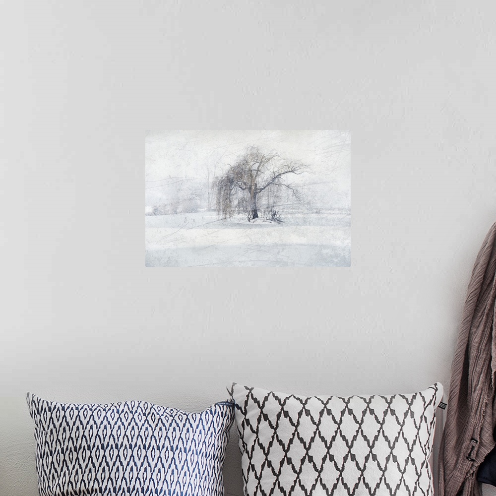 A bohemian room featuring Photograph of a weeping willow tree in the center of a snowy scene with an icy texture overlay.