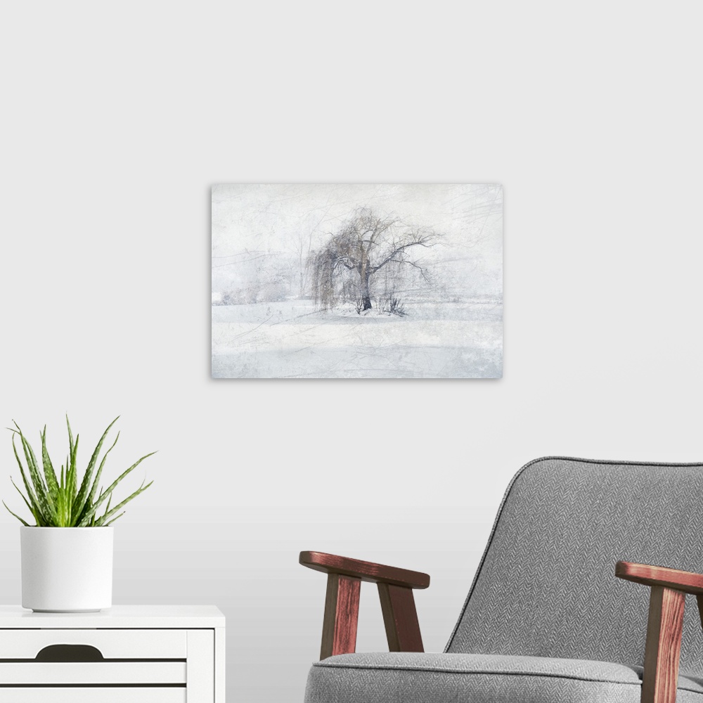 A modern room featuring Photograph of a weeping willow tree in the center of a snowy scene with an icy texture overlay.