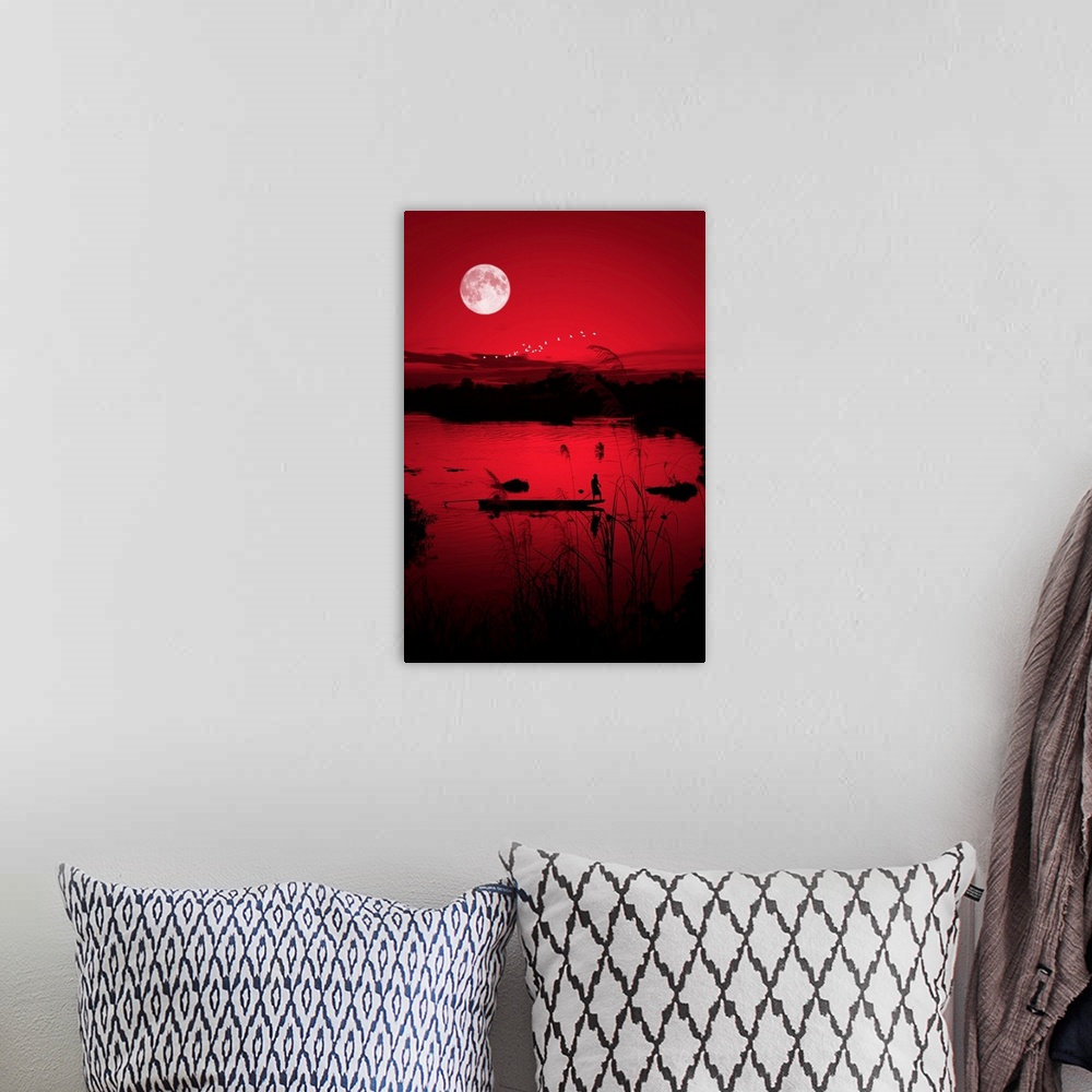 A bohemian room featuring Boat on the Mekong with birds and the moon, photographed with a red filter