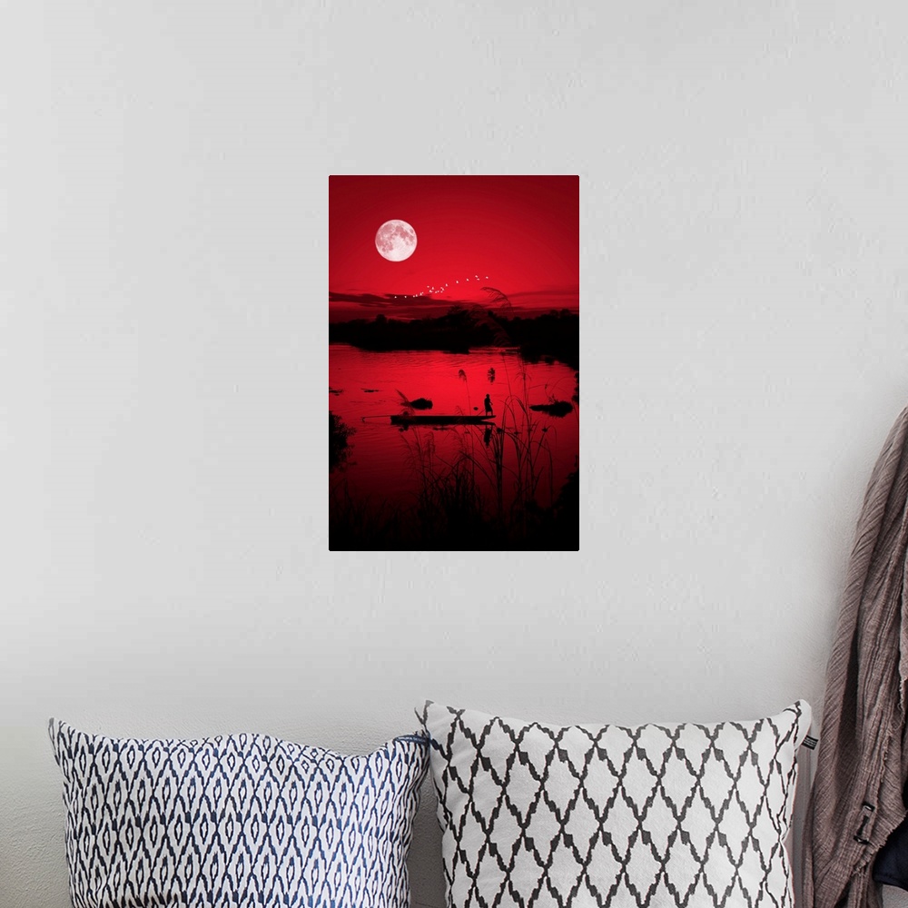 A bohemian room featuring Boat on the Mekong with birds and the moon, photographed with a red filter
