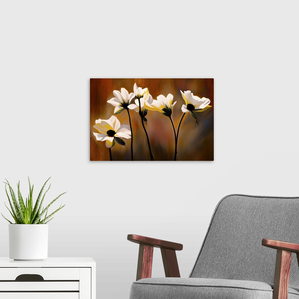 A modern room featuring Portrait of a group of white flowers against blurred, golden grasses. The stems and interiors of ...