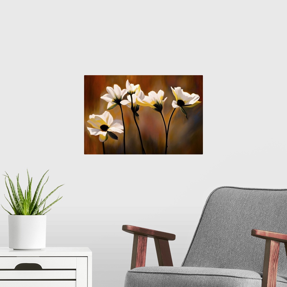 A modern room featuring Portrait of a group of white flowers against blurred, golden grasses. The stems and interiors of ...