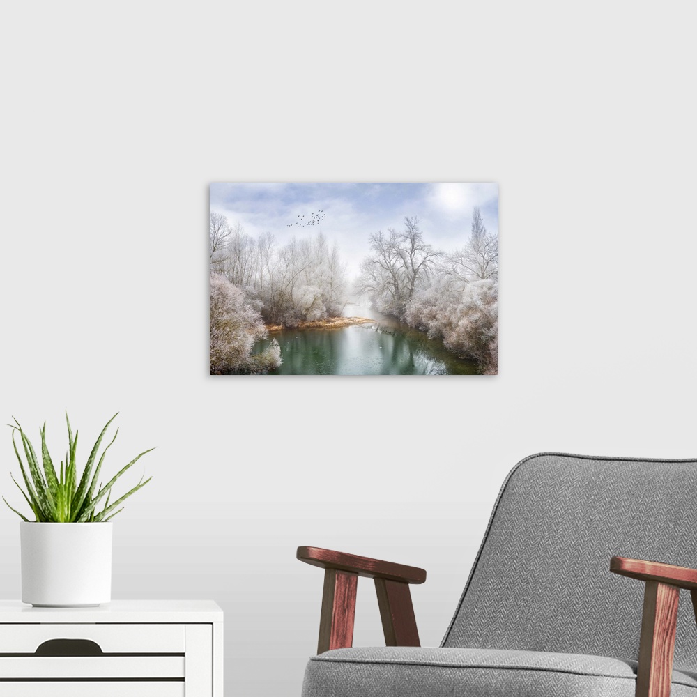 A modern room featuring Photograph of snow covered trees around a blue-green body of water and a flock of birds flying th...