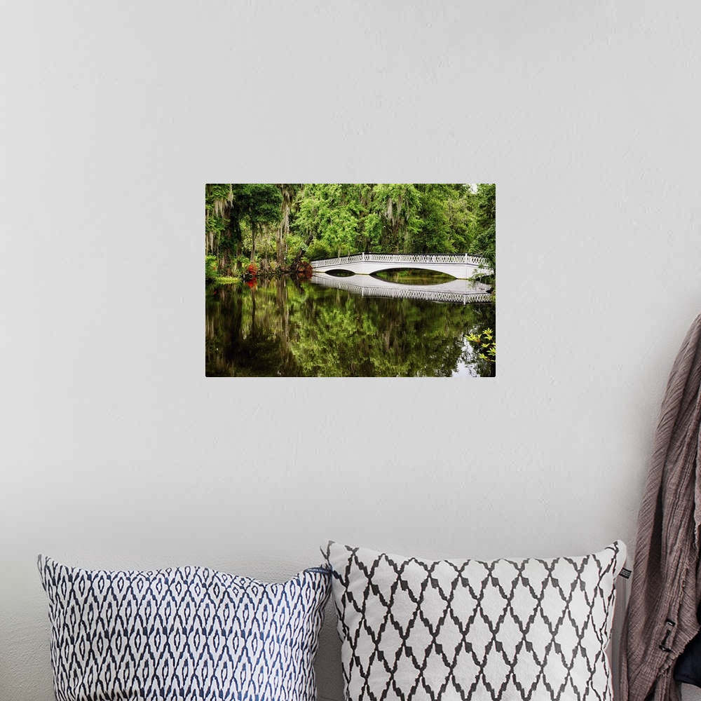 A bohemian room featuring Reflection of a White Wooden Footbridge in a Lake, Magnolia Plantation