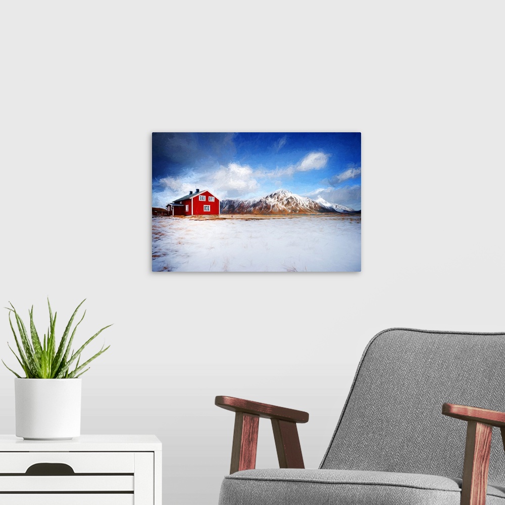 A modern room featuring A photograph of a red roofed building in a rugged mountainous landscape.