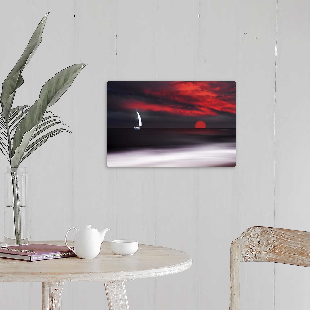 A farmhouse room featuring White sailboat and red sunset