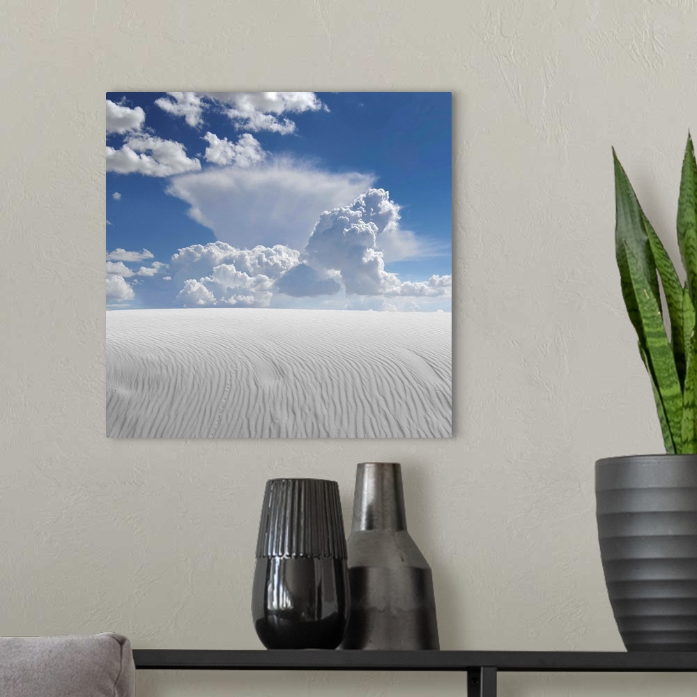 A modern room featuring White sand desert with clouds
