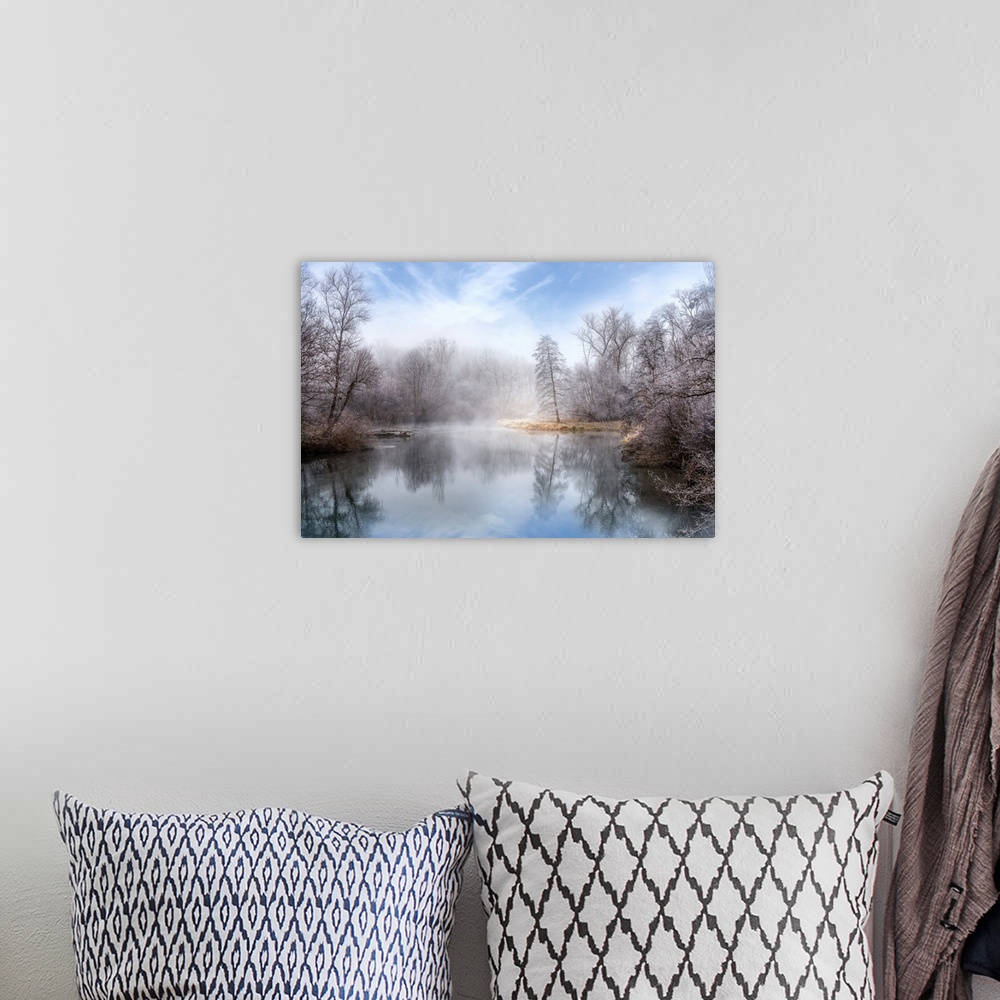 A bohemian room featuring Photograph of a foggy lake surrounded by winter trees with icy branches.
