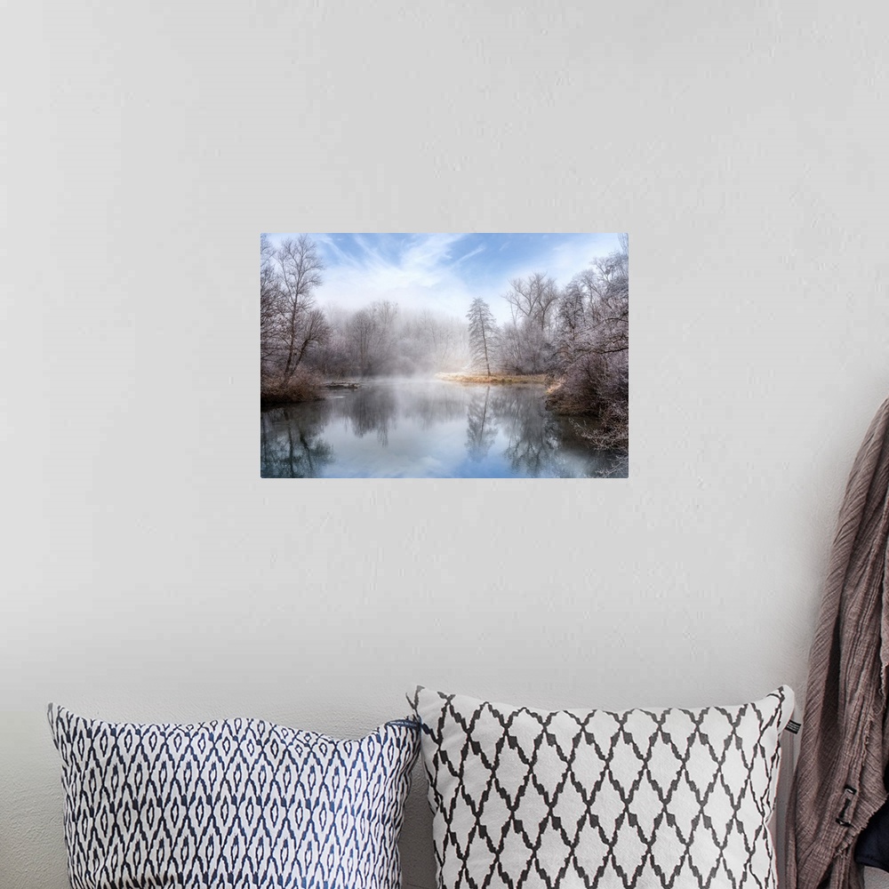 A bohemian room featuring Photograph of a foggy lake surrounded by winter trees with icy branches.