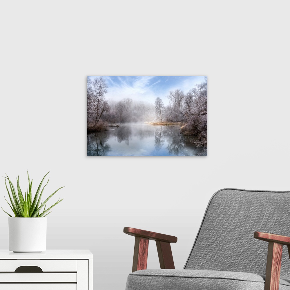 A modern room featuring Photograph of a foggy lake surrounded by winter trees with icy branches.