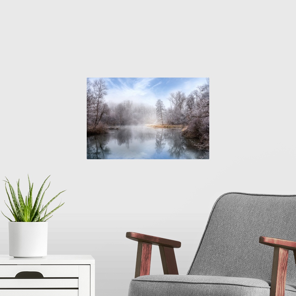 A modern room featuring Photograph of a foggy lake surrounded by winter trees with icy branches.