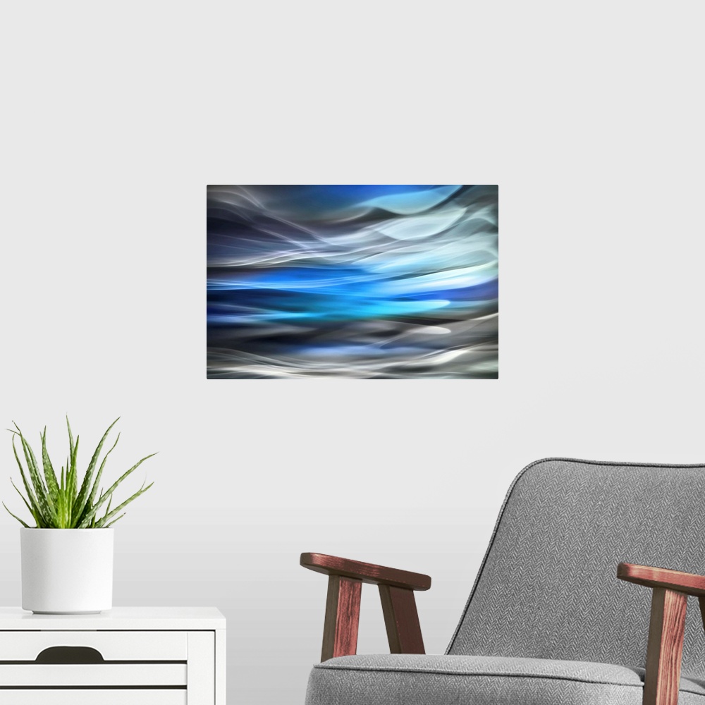 A modern room featuring Abstract photography, composite of a number of images - representation of a lake in the mountains...