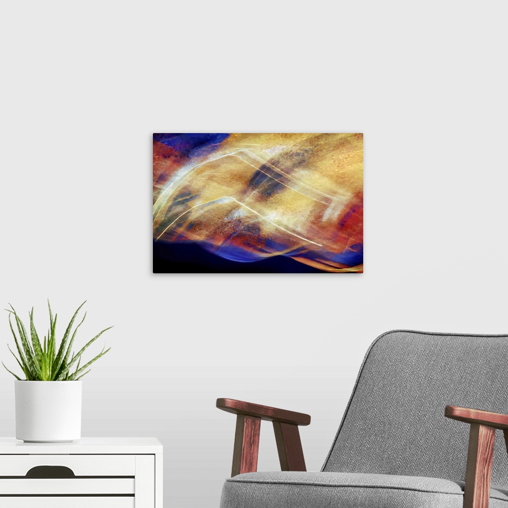 A modern room featuring Abstract interpretation of wild skies over mountains.