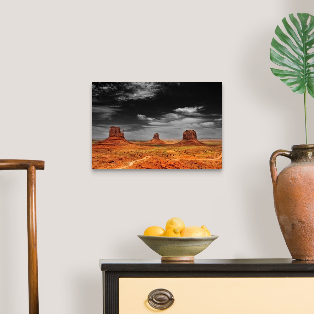 A traditional room featuring Photograph taken of an immense desert with the sky in black and white and the terrain in color.