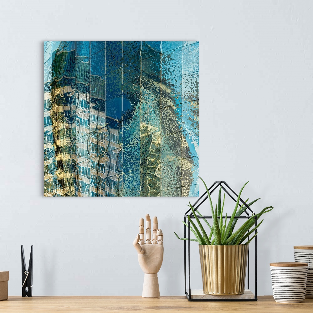 A bohemian room featuring Warped and speckled reflections of a building in the windows of a skyscraper, creating an abstrac...