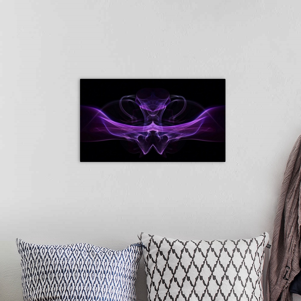 A bohemian room featuring A macro photograph of a purple abstracted shape against a black background.