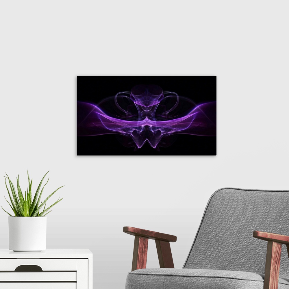 A modern room featuring A macro photograph of a purple abstracted shape against a black background.