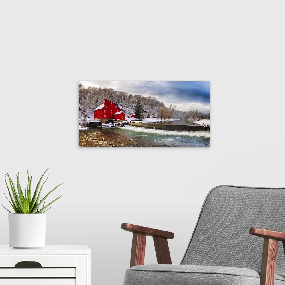 A modern room featuring Red Gristmill in Snowy Landscape , Clinton, Hunterdon County, New Jersey, USA.