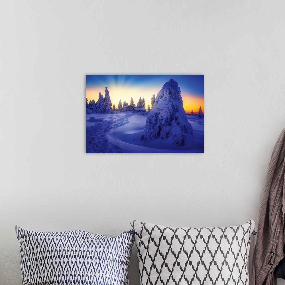 A bohemian room featuring Sunset in the snowy mountain with fir trees and a hut