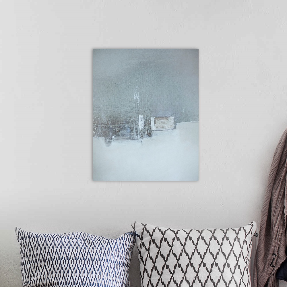 A bohemian room featuring An abstract of whites on white giving layers of textured obscure forms suggeesting winter and zen...