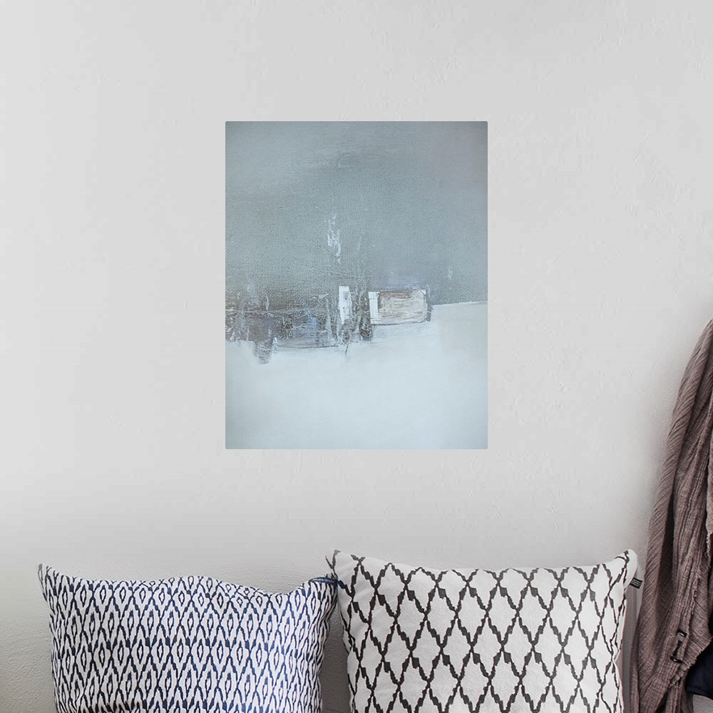 A bohemian room featuring An abstract of whites on white giving layers of textured obscure forms suggeesting winter and zen...