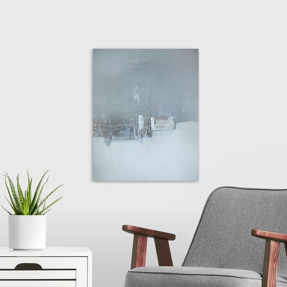 A modern room featuring An abstract of whites on white giving layers of textured obscure forms suggeesting winter and zen...