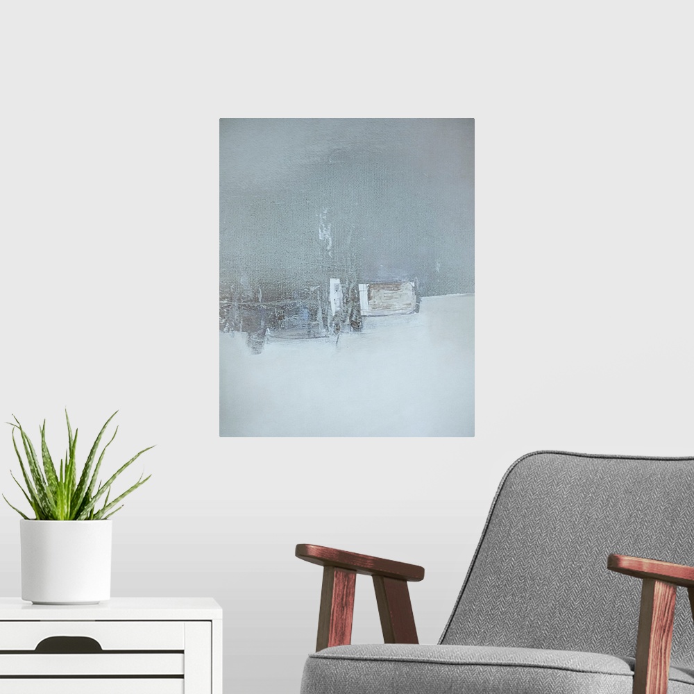A modern room featuring An abstract of whites on white giving layers of textured obscure forms suggeesting winter and zen...