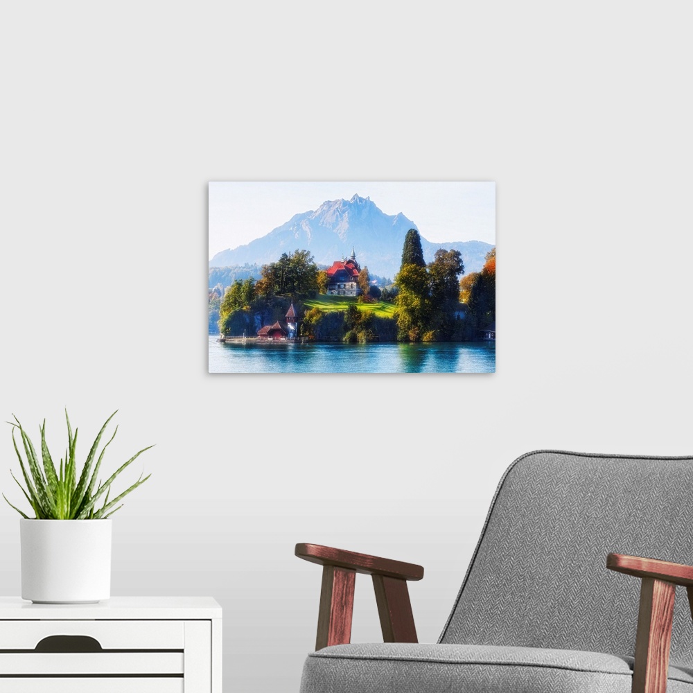 A modern room featuring Little Chalet on Lake Luzern with Mt  Pilatus in the Background,