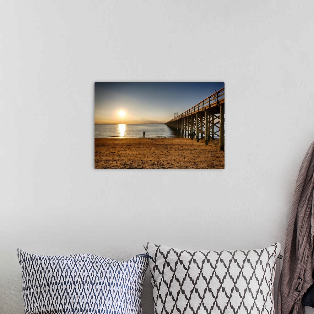 A bohemian room featuring Wooden Pier Perspective at Sunset, Keansburg, New Jersey, USA.