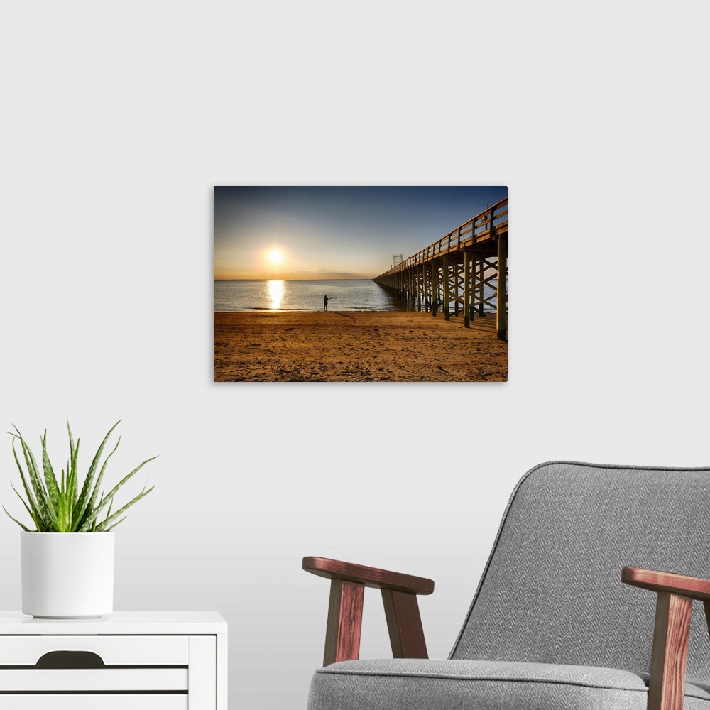 A modern room featuring Wooden Pier Perspective at Sunset, Keansburg, New Jersey, USA.