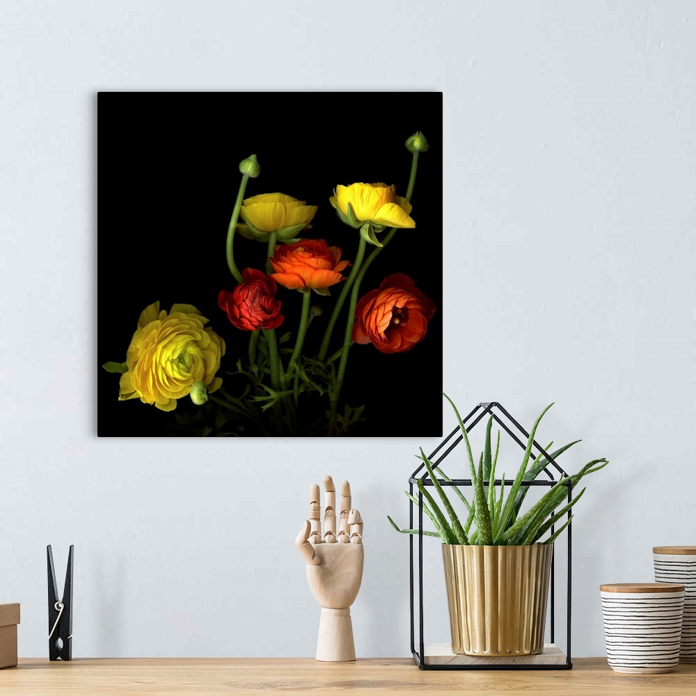 A bohemian room featuring Wall art of a colorful bouquet of beautiful yellow and red flowers and buds.