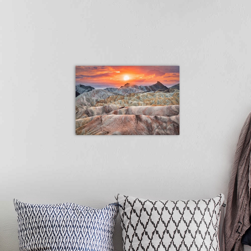 A bohemian room featuring Photograph of the rolling landscape of Zabriskie Point at sunset in Death Valley National Park in...
