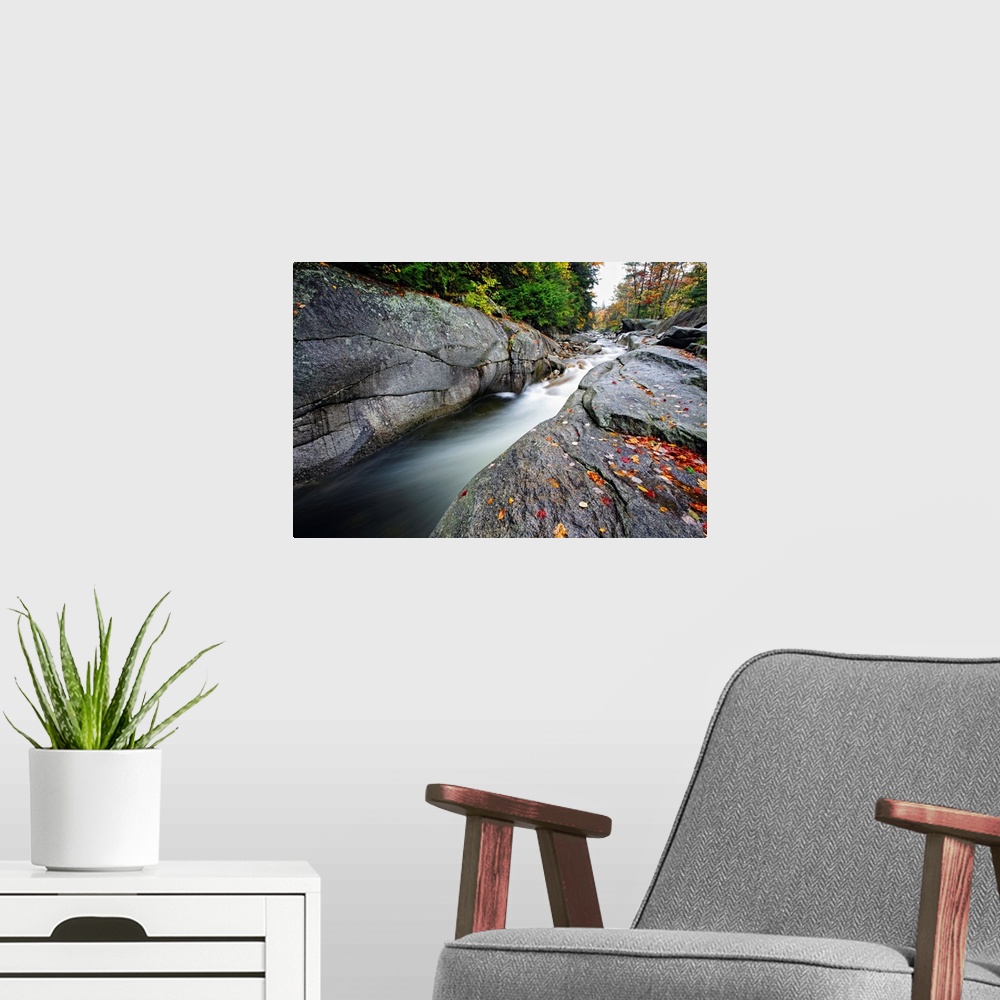 A modern room featuring Docor perfect for the home or office of a creek flowing through rock formations on either side. T...