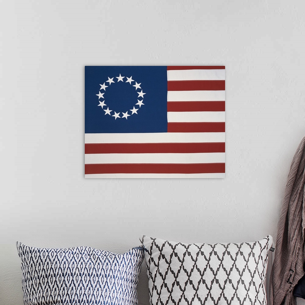 A bohemian room featuring 13 Star American Flag