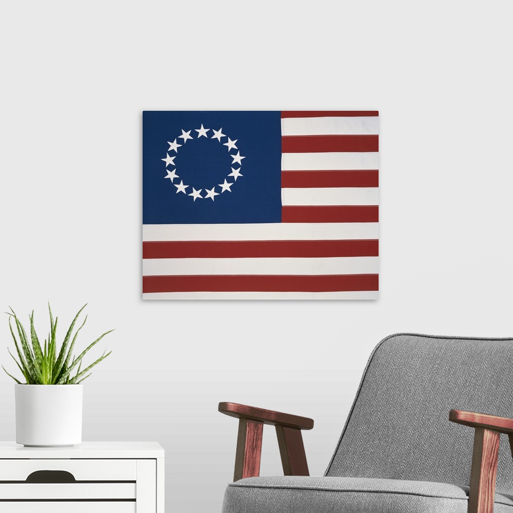 A modern room featuring 13 Star American Flag