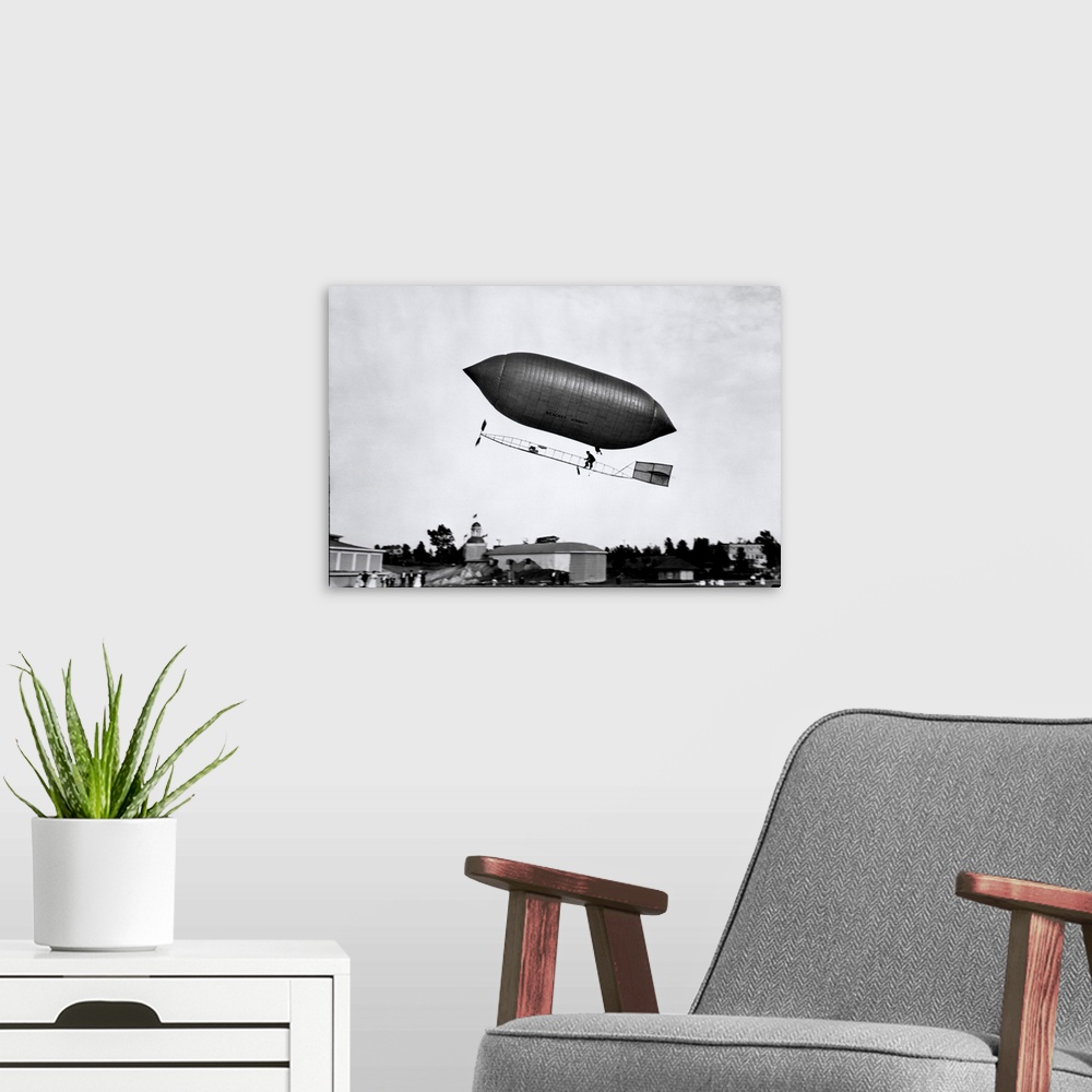 A modern room featuring 1900's 1910's Lincoln Beachey Airship Appearance Is Cross Between Hot Air Balloon And Blimp.