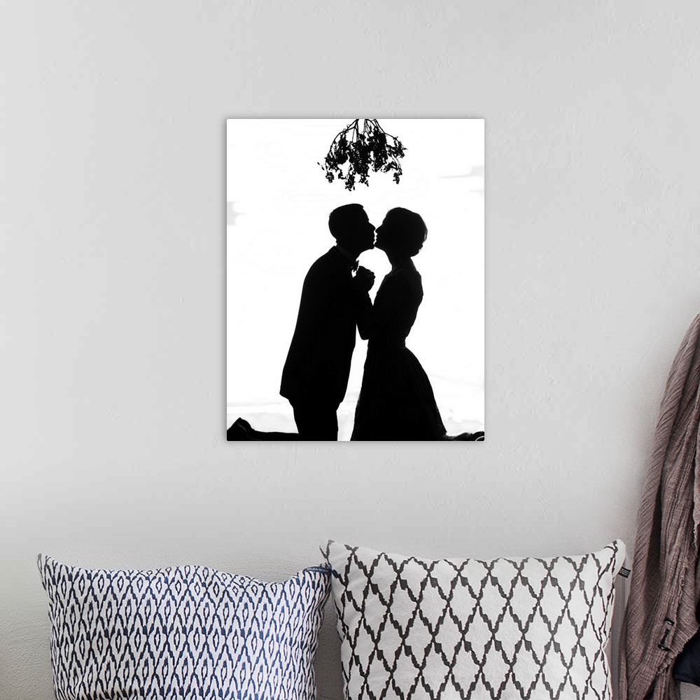 A bohemian room featuring 1920's Silhouette Of Couple Kissing Under Christmas Mistletoe