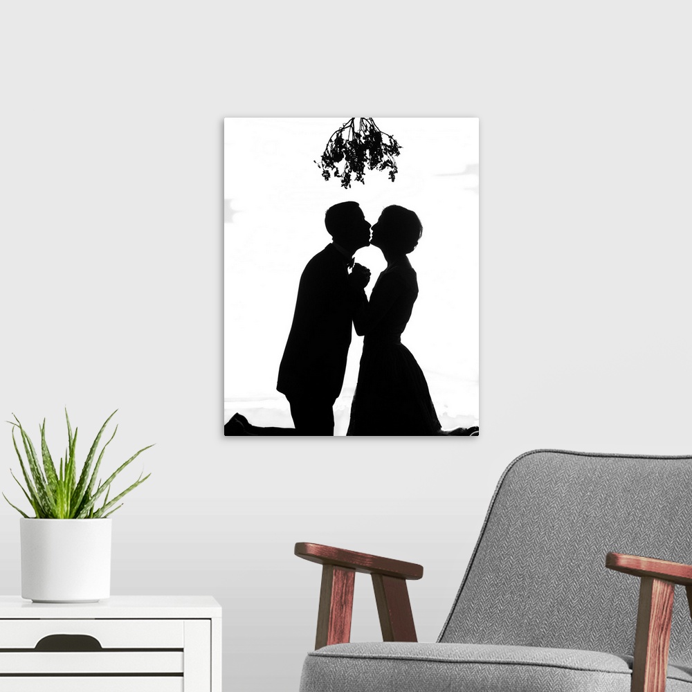 A modern room featuring 1920's Silhouette Of Couple Kissing Under Christmas Mistletoe