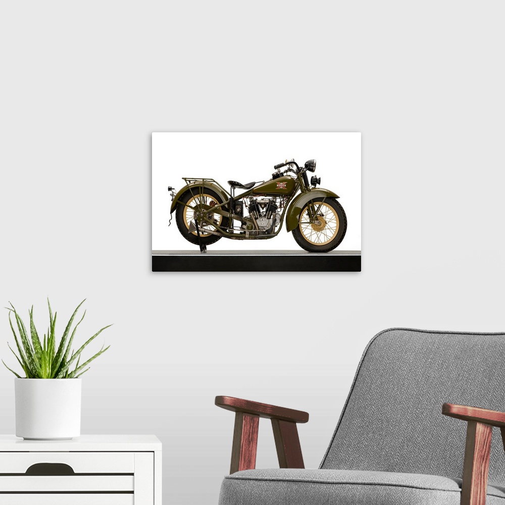 A modern room featuring 1930 Excelsior 750cc Super-X, V-twin motorcycle.