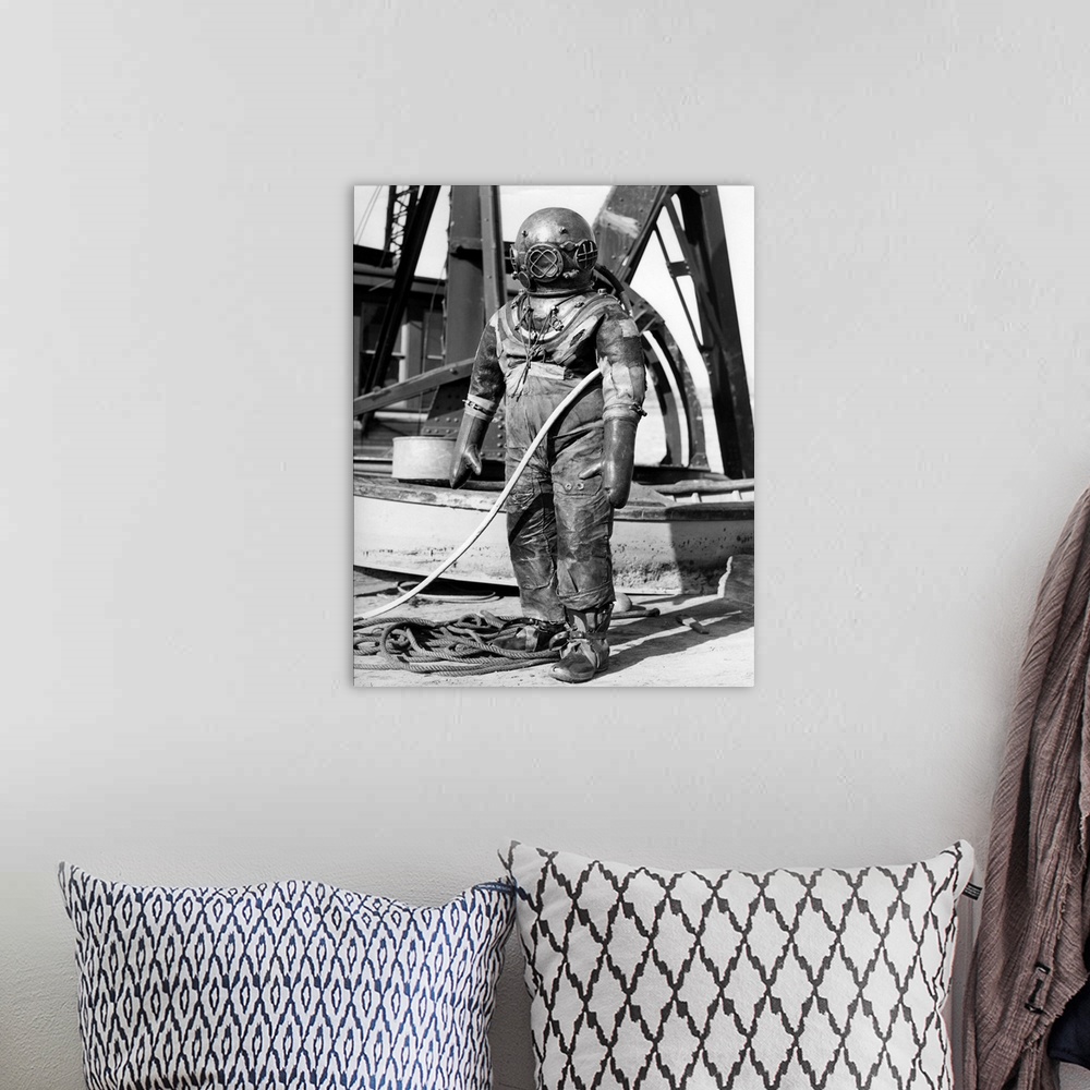 A bohemian room featuring 1930s 1940s Full Figure Of Man In Underwater Hard Hat Deep Sea Diving Suit.