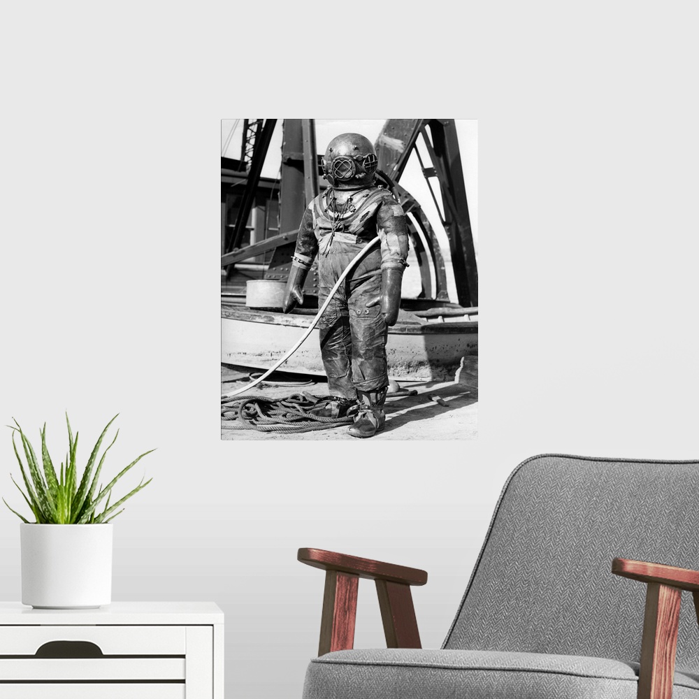 A modern room featuring 1930s 1940s Full Figure Of Man In Underwater Hard Hat Deep Sea Diving Suit.