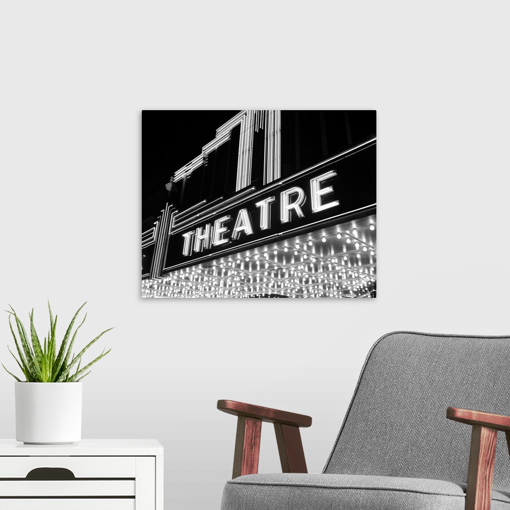 A modern room featuring 1930's 1940's Theater Marquee Theatre In Neon Lights.