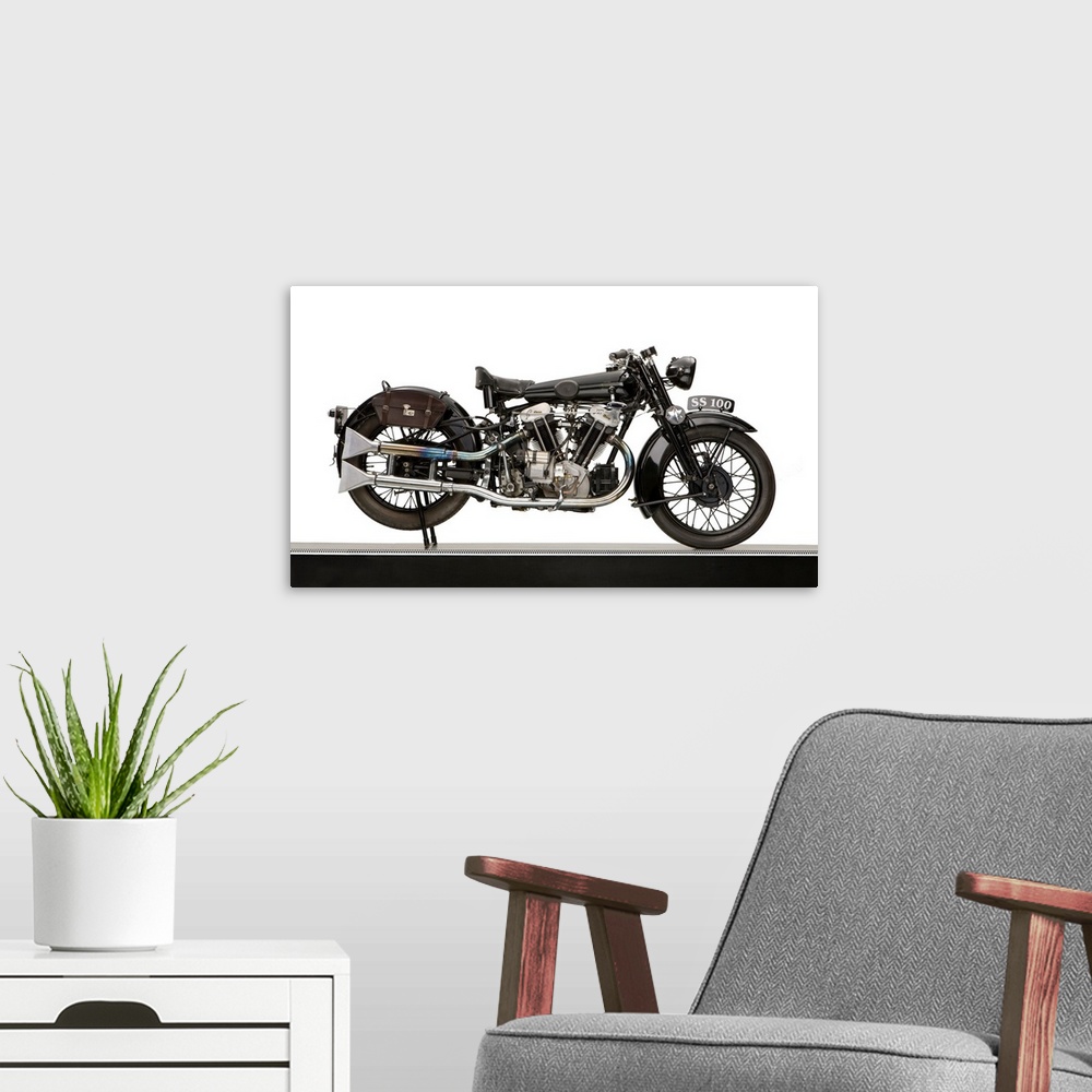 A modern room featuring 1931 Brough Superior SS100 JAP engine motorcycle.