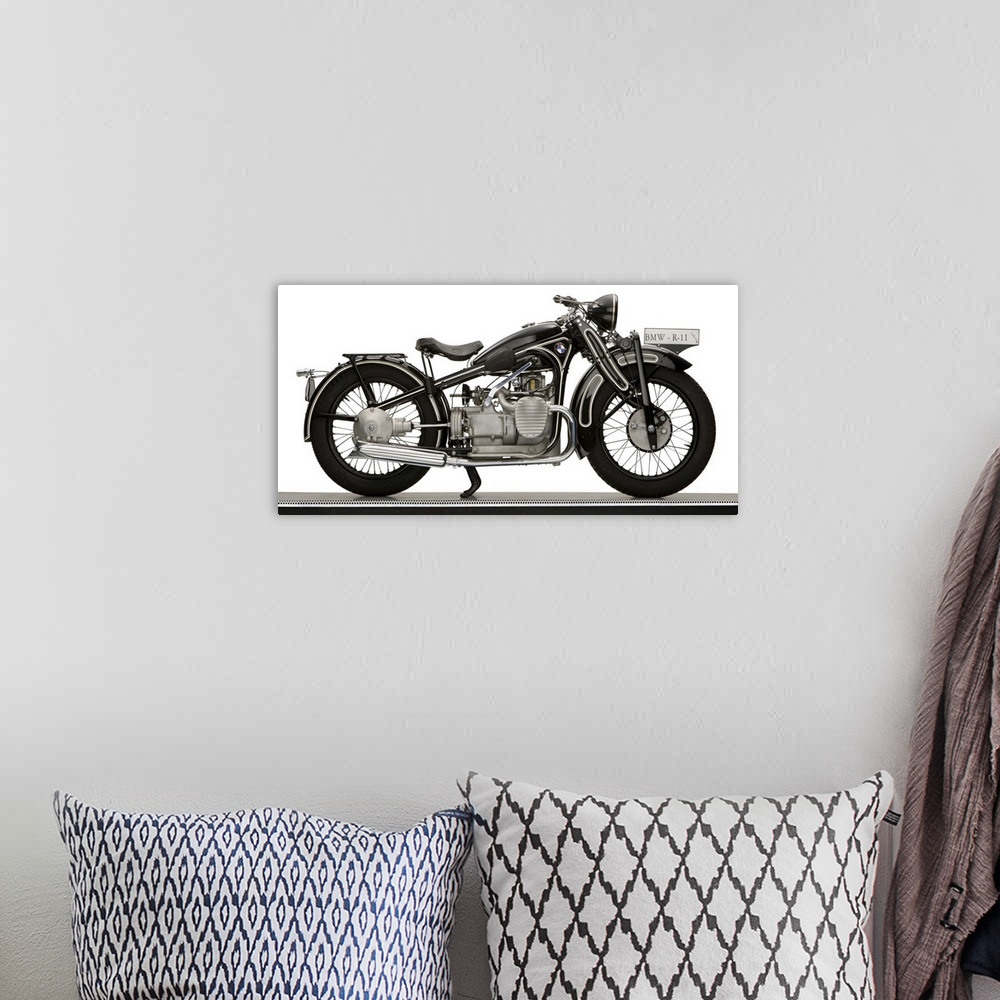A bohemian room featuring 1934 BMW R11 730cc motorcycle.