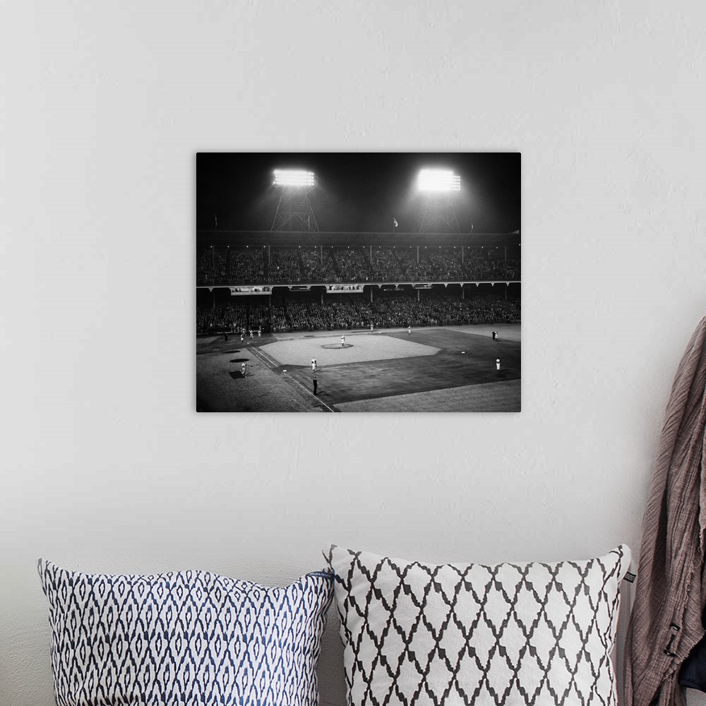 A bohemian room featuring 1940's 1947 Baseball Night Game Under The Lights Players Standing For National Anthem Ebbets Fiel...