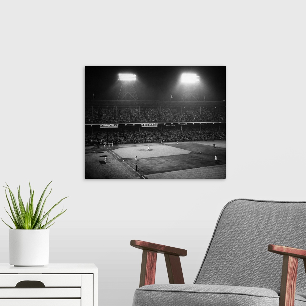 A modern room featuring 1940's 1947 Baseball Night Game Under The Lights Players Standing For National Anthem Ebbets Fiel...