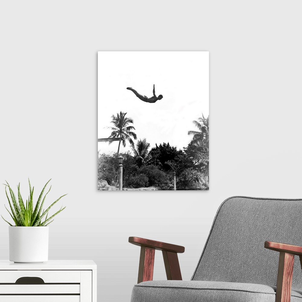 A modern room featuring 1940's Man Poised Midair Jumping From Diving Board Into Pool