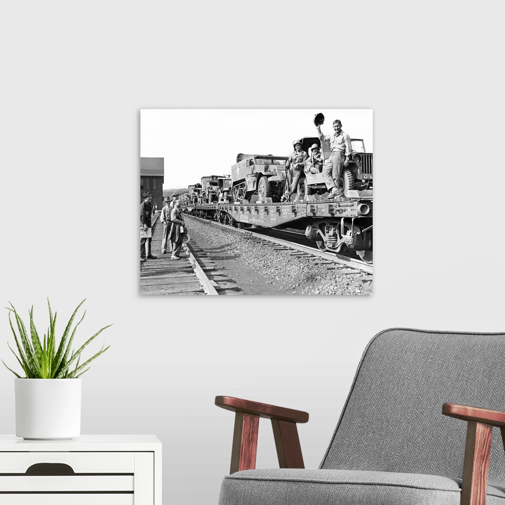 A modern room featuring 1940's World War Ii Freight Train Of Jeeps And Half Tracks On Way To The Front Factory Workers Bi...