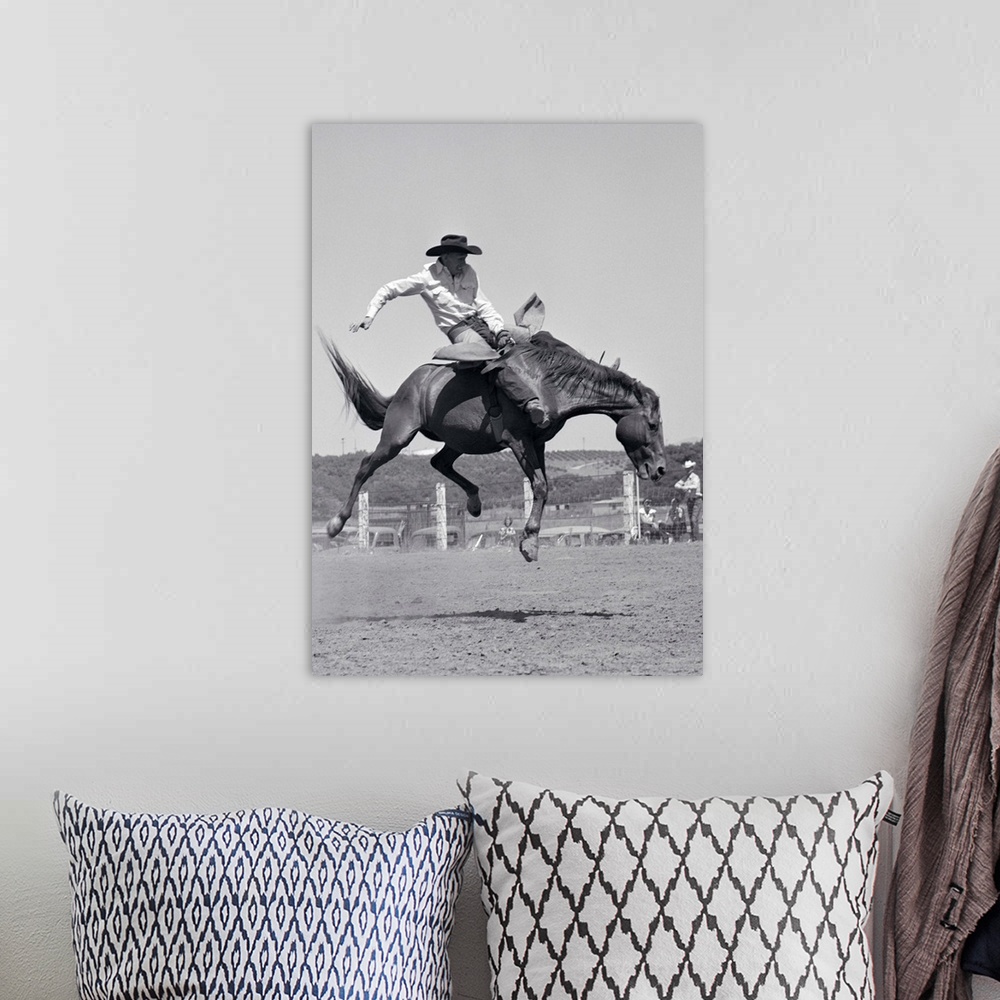 A bohemian room featuring 1950s Cowboy Riding A Horse Bareback On A Western Ranch USA.