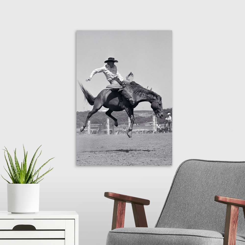 A modern room featuring 1950s Cowboy Riding A Horse Bareback On A Western Ranch USA.